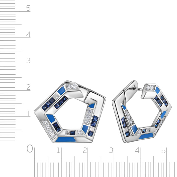 Серьги с английским замком из белого золота с бриллиантами, сапфирами, эмалью