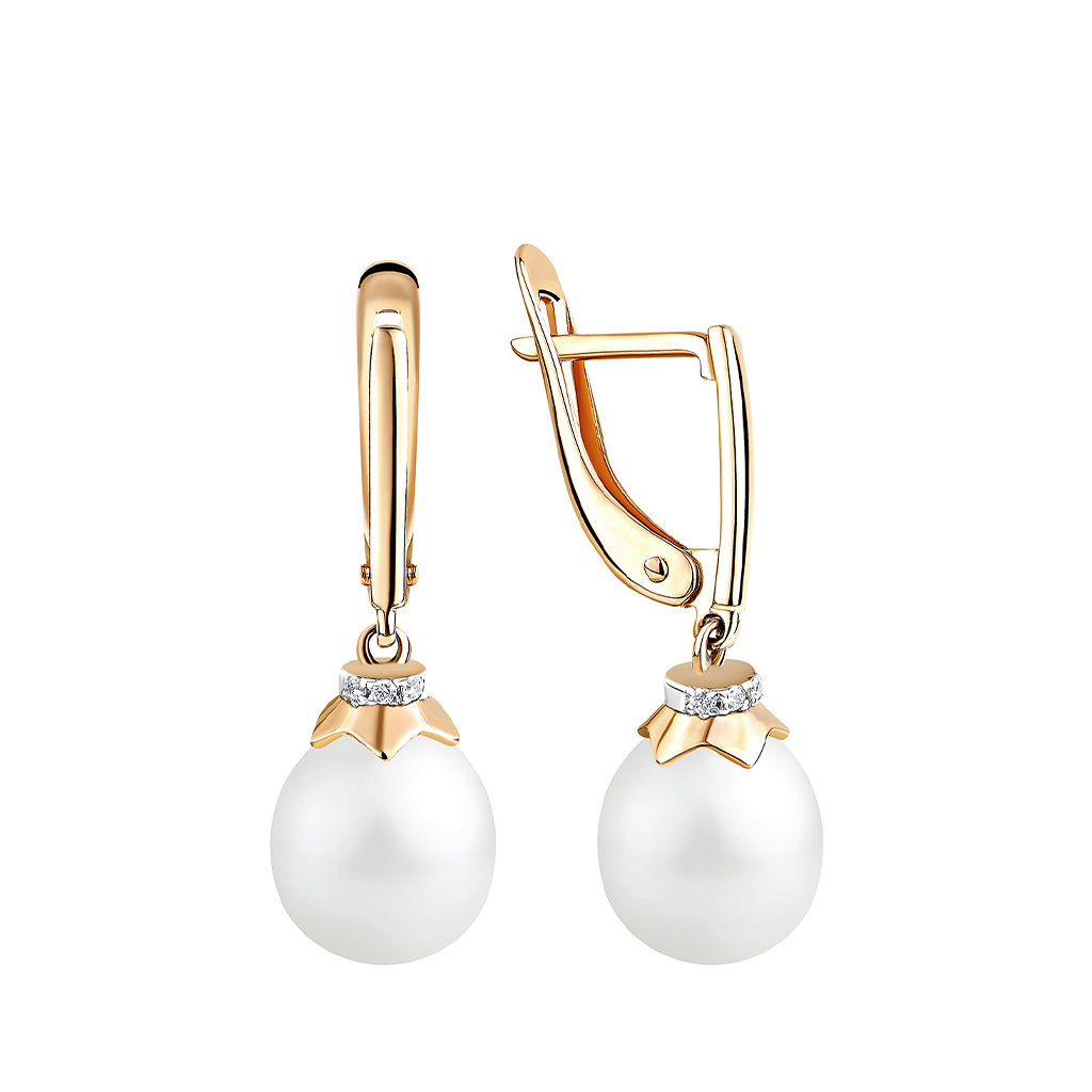 Серьги с английским замком из красного золота с жемчугом, фианитом