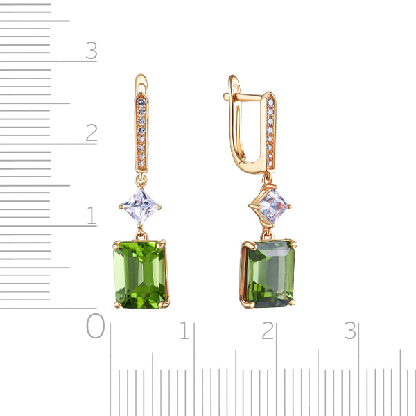 Серьги с английским замком из желтого золота с топазами, бриллиантами и хризолитами